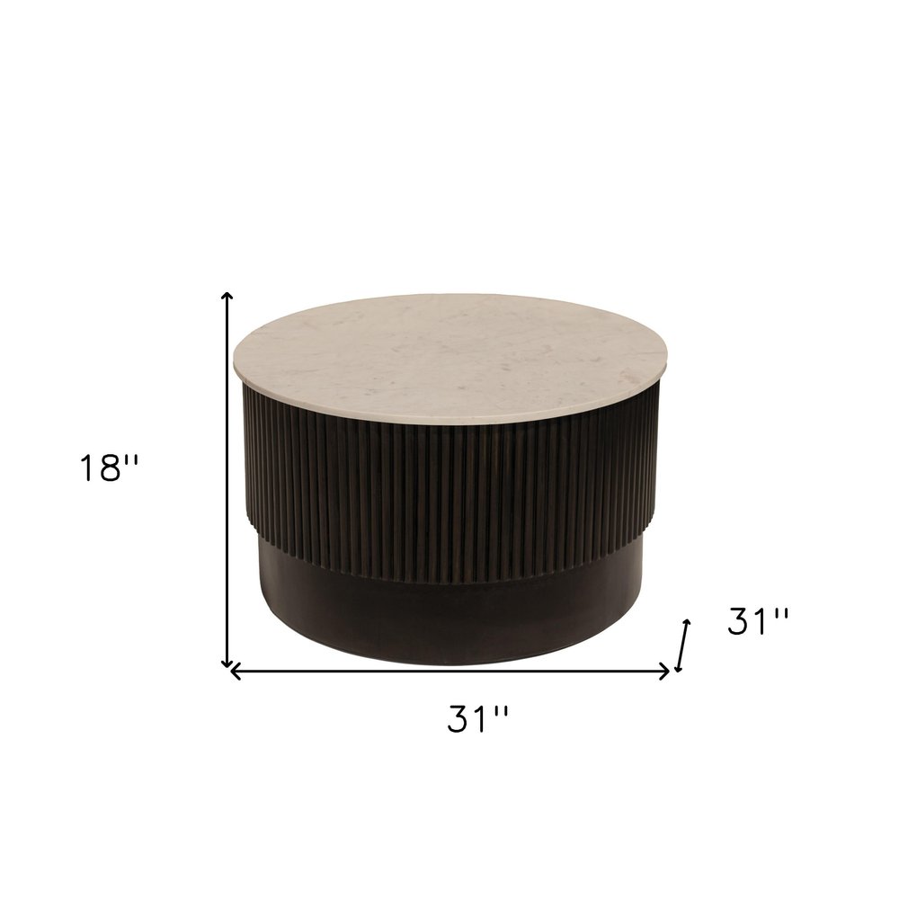 31" White And Dark Brown Genuine Marble And Solid Wood Round Drum Coffee Table