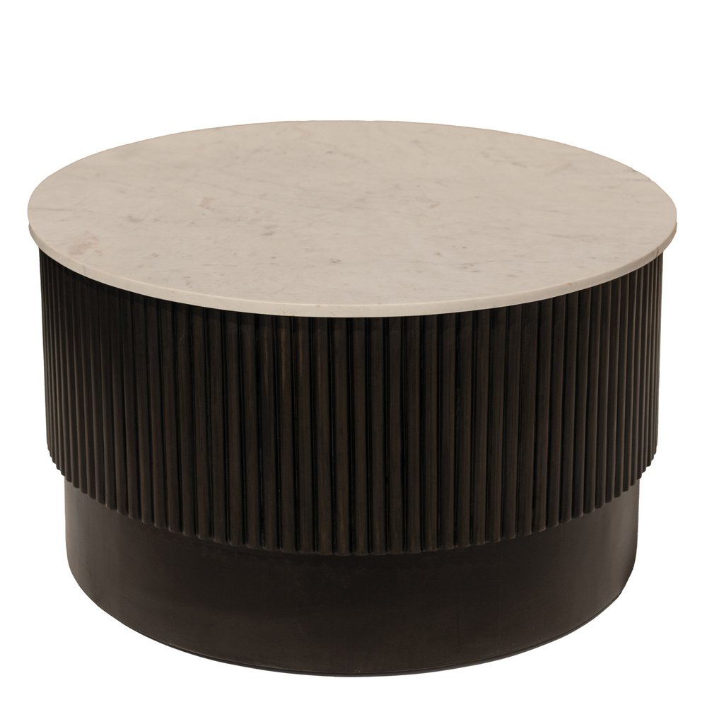 31" White And Dark Brown Genuine Marble And Solid Wood Round Drum Coffee Table