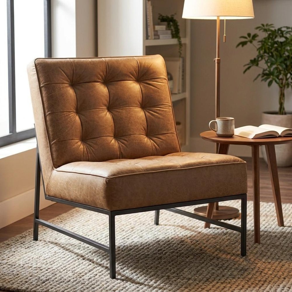 31" Cream And Black Genuine Leather Tufted Slipper Chair