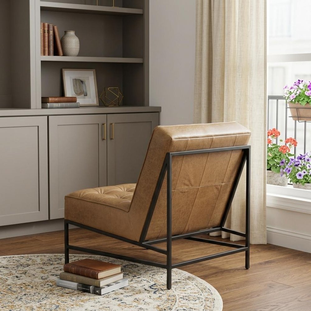 31" Cream And Black Genuine Leather Tufted Slipper Chair