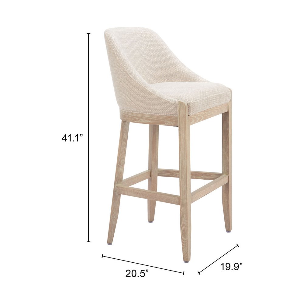 31" Beige and Natural Fabric and Solid Wood Bar Height Bar Chair