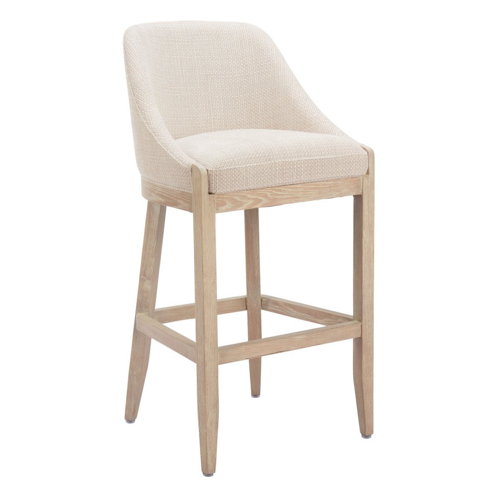 31" Beige And Natural Fabric And Solid Wood Bar Height Bar Chair