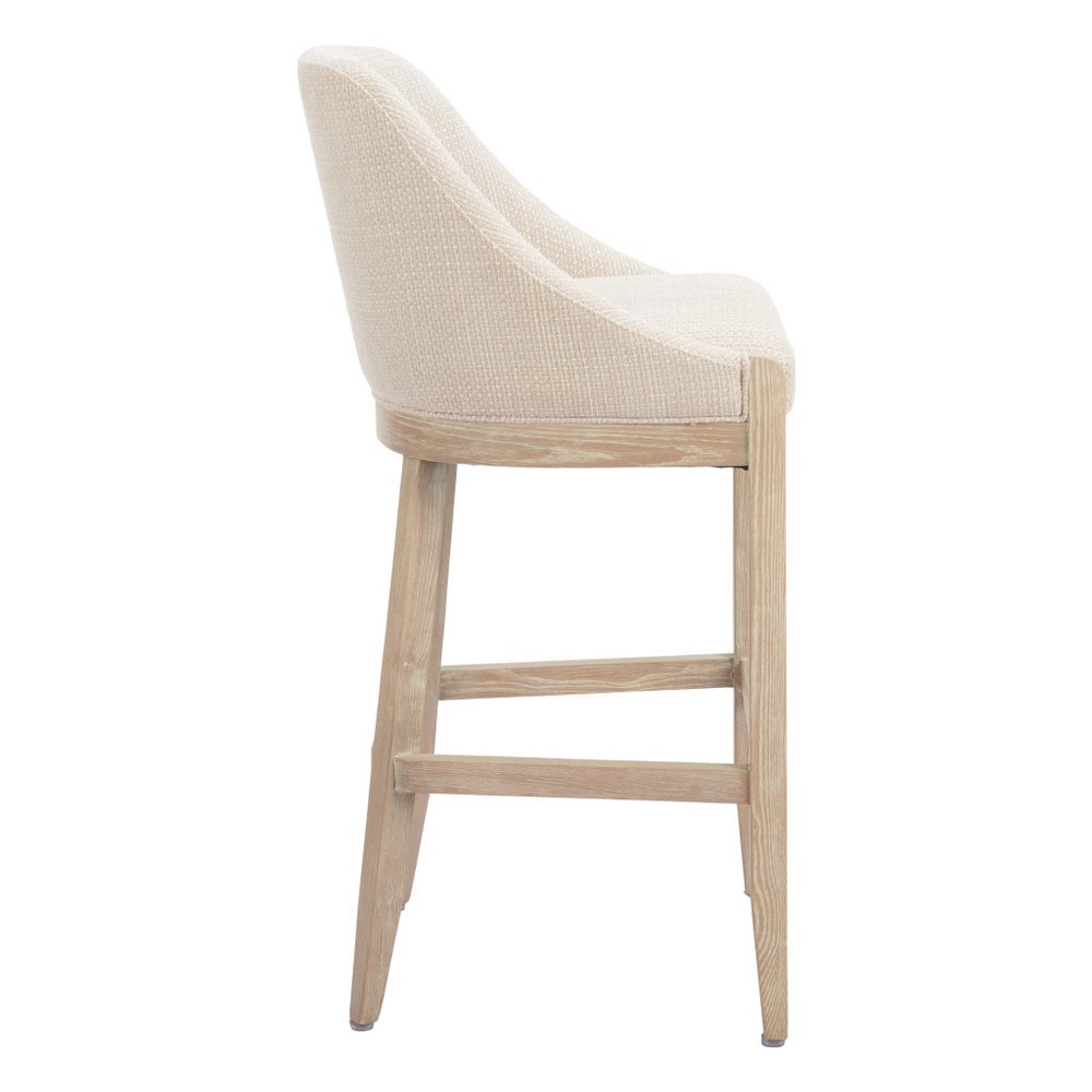 31" Beige and Natural Fabric and Solid Wood Bar Height Bar Chair