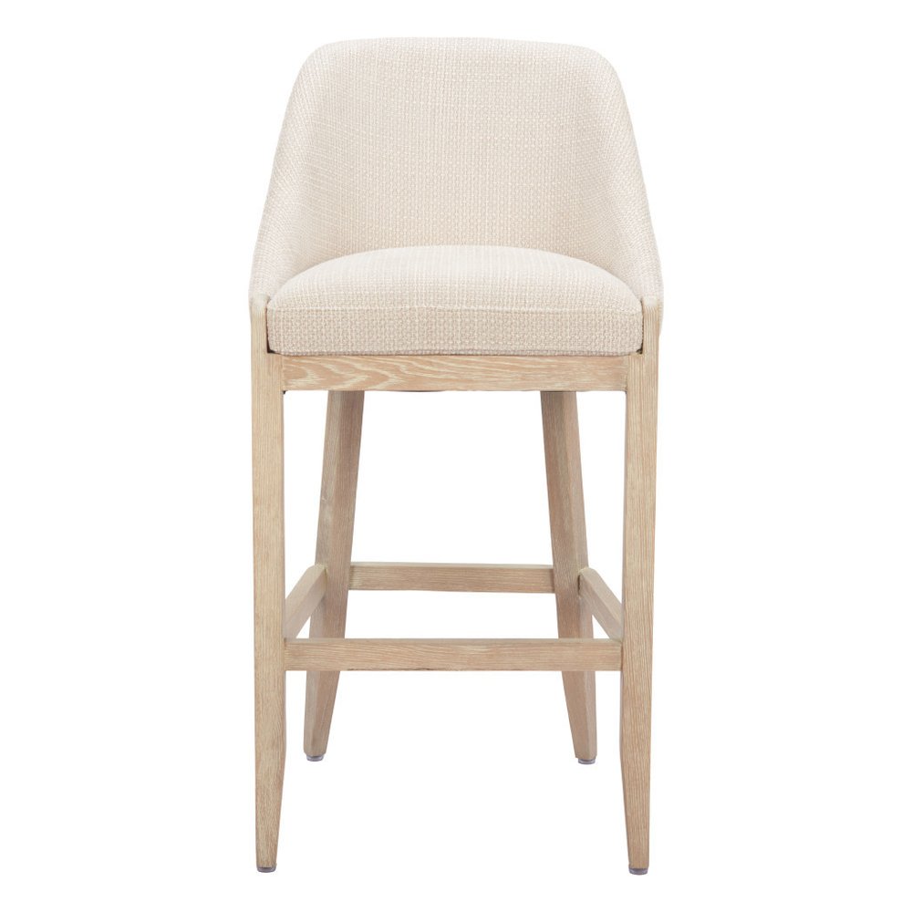 31" Beige and Natural Fabric and Solid Wood Bar Height Bar Chair