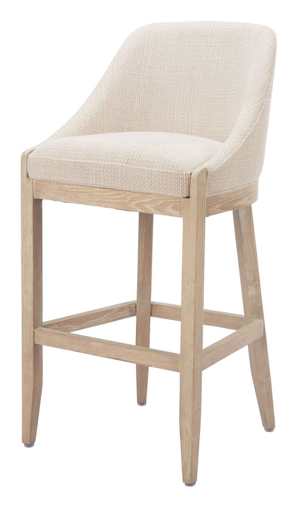31" Beige and Natural Fabric and Solid Wood Bar Height Bar Chair