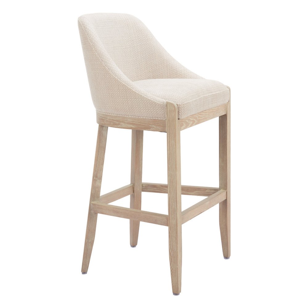 31" Beige and Natural Fabric and Solid Wood Bar Height Bar Chair