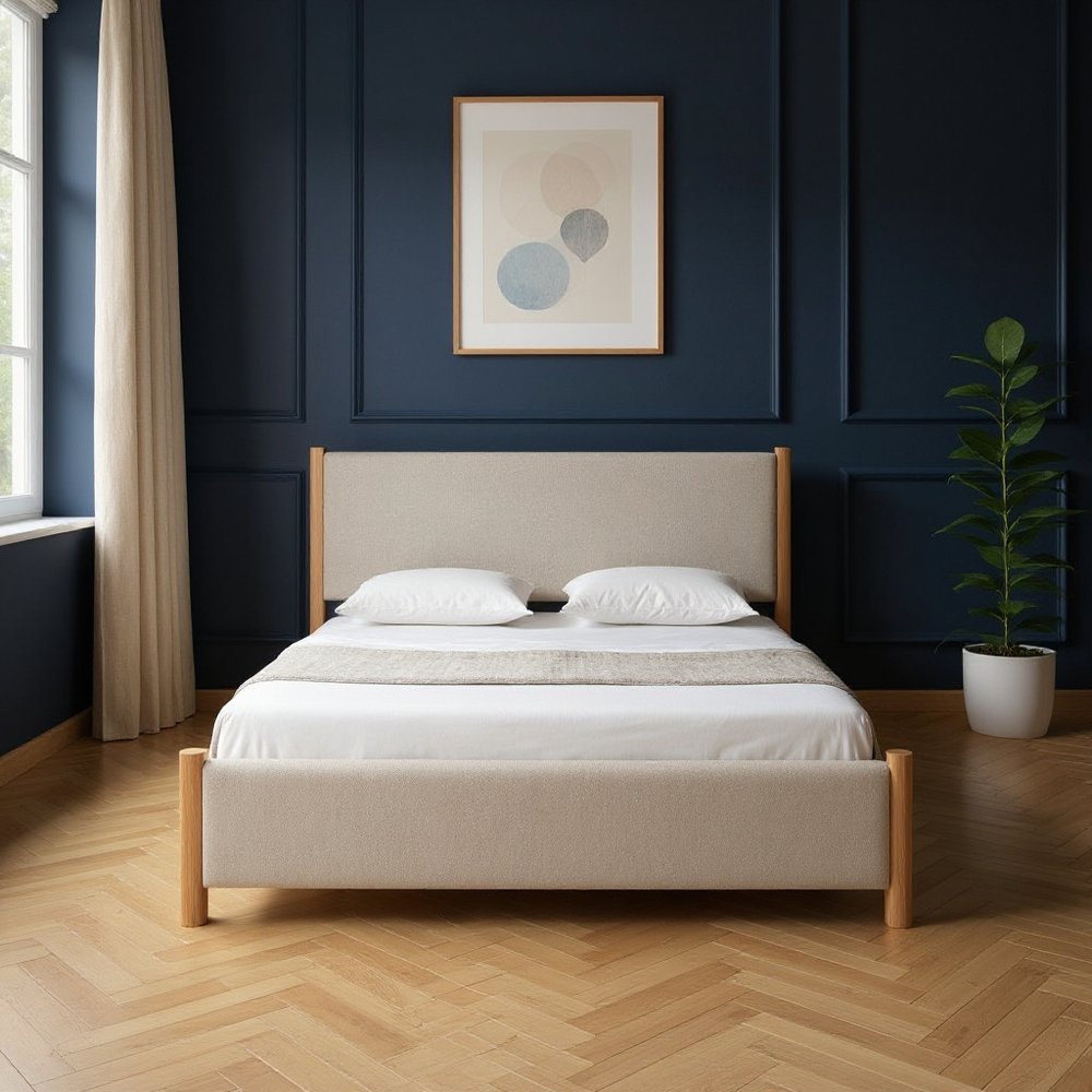 Natural and Beige Wood And Upholstery King Bed Frame