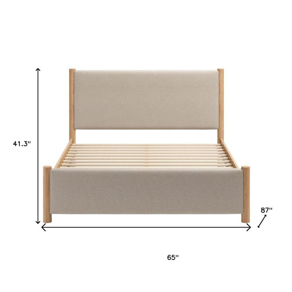 Beige Wood And Upholstery Queen Bed Frame