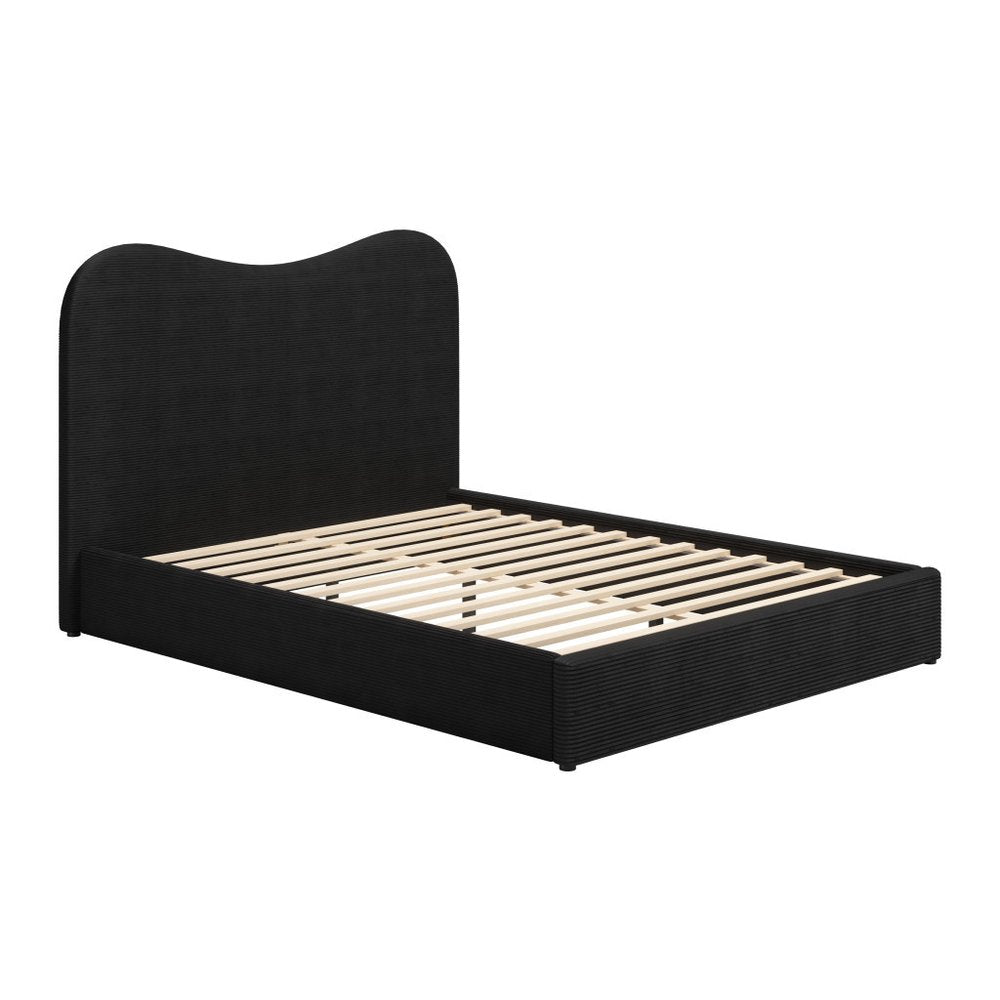 Black Ribbed Texture Velvet Upholstered Queen Bed Frame