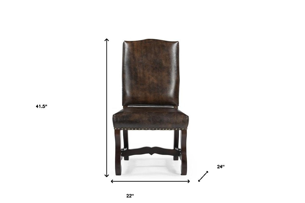 Set of Two Dark Brown Leather And Wood Dining Side Chairs