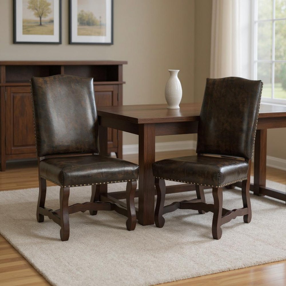 Set of Two Dark Brown Leather And Wood Dining Side Chairs