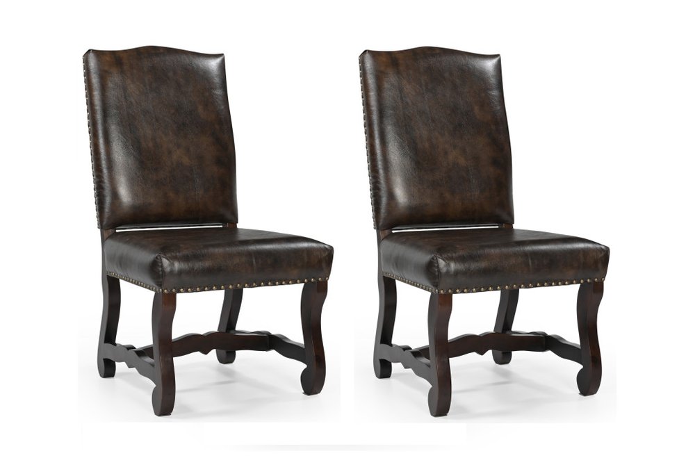 Set of Two Dark Brown Leather And Wood Dining Side Chairs