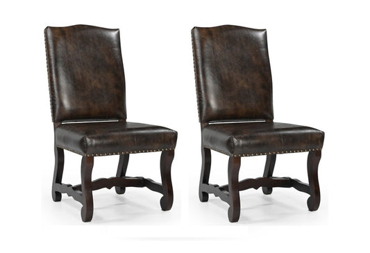 Set of Two Dark Brown Leather And Wood Dining Side Chairs