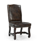 Set of Two Dark Brown Leather And Wood Dining Side Chairs