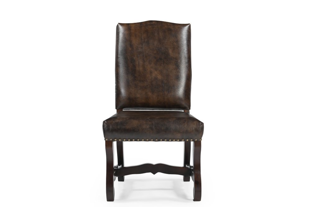 Set of Two Dark Brown Leather And Wood Dining Side Chairs