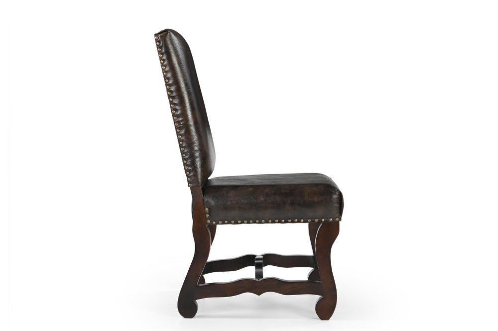 Set of Two Dark Brown Leather And Wood Dining Side Chairs