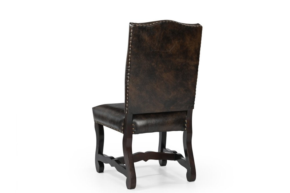 Set of Two Dark Brown Leather And Wood Dining Side Chairs