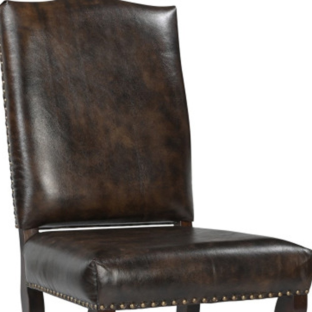 Set of Two Dark Brown Leather And Wood Dining Side Chairs