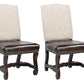 Set of Two Cream and Dark Brown Wood Leather And Linen Dining Side Chairs