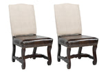 Set of Two Cream and Dark Brown Wood Leather And Linen Dining Side Chairs