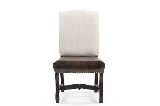Set of Two Cream and Dark Brown Wood Leather And Linen Dining Side Chairs