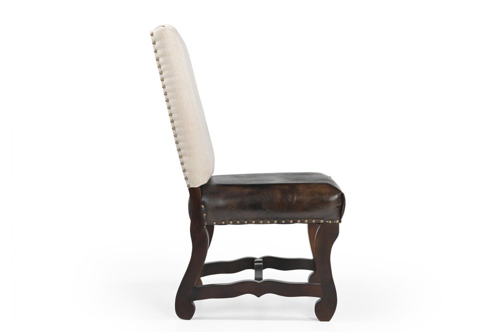 Set of Two Cream and Dark Brown Wood Leather And Linen Dining Side Chairs