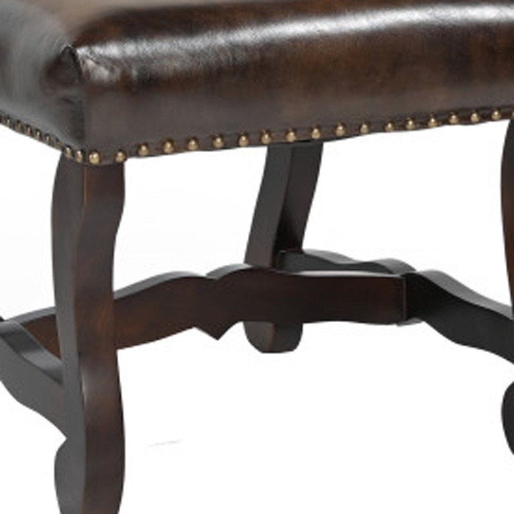 Set of Two Cream and Dark Brown Wood Leather And Linen Dining Side Chairs