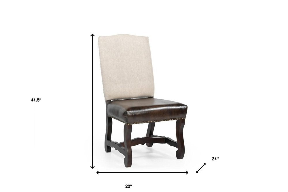 Set of Two Cream and Dark Brown Wood Leather And Linen Dining Side Chairs