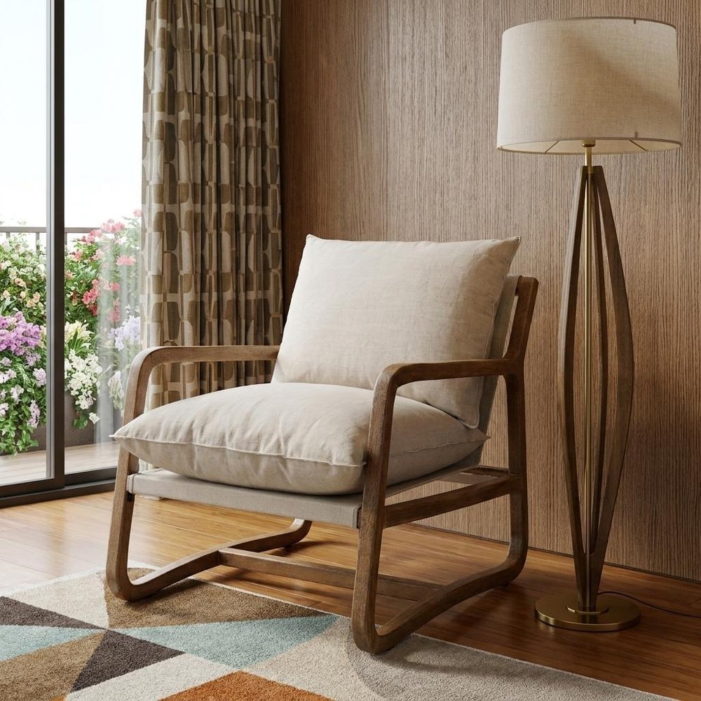 30" Beige And Natural Linen Arm Chair