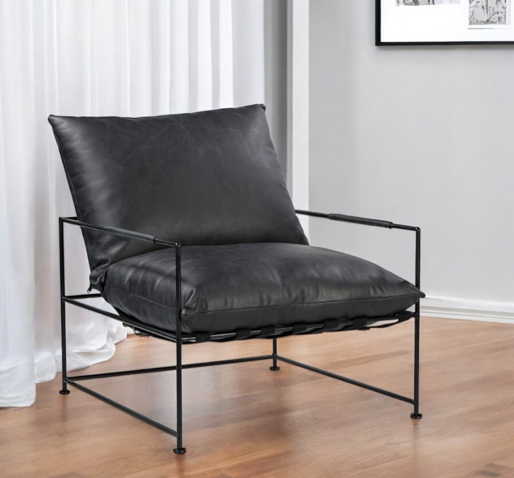 28" Black Genuine Leather Distressed Arm Chair