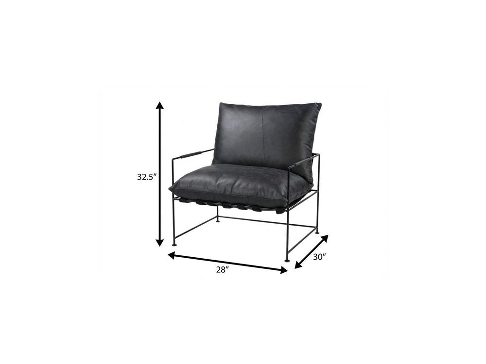 28" Black Genuine Leather Distressed Arm Chair