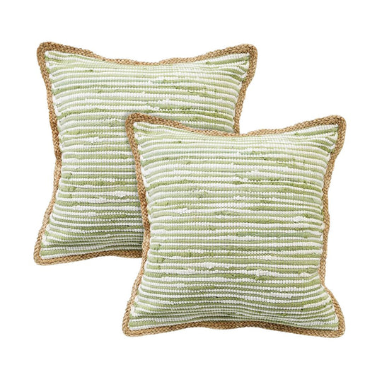 Set of Two 20" Green Beach Striped Cotton Blend Throw Pillows