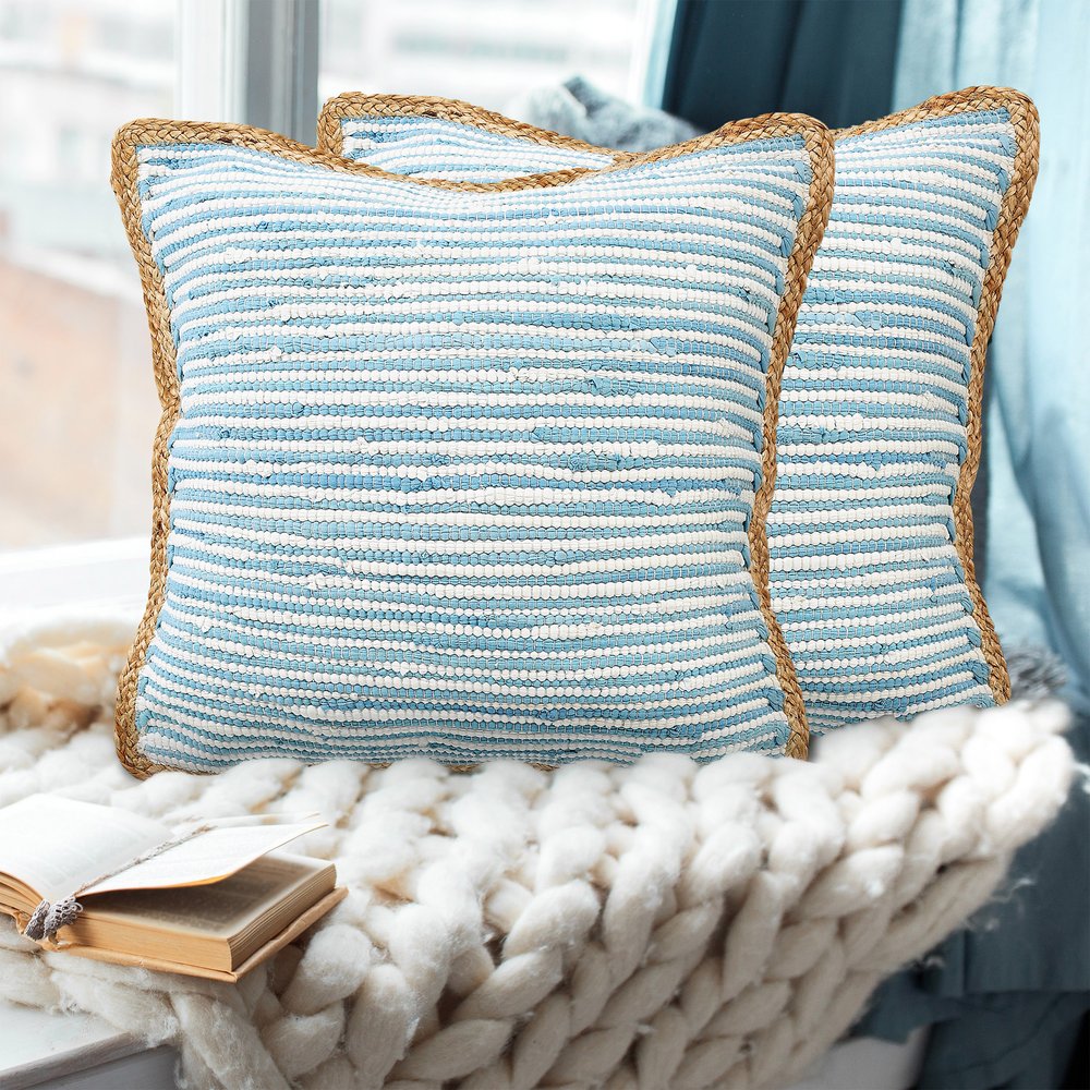 Set of Two 20" Blue Beach Striped Throw Pillows