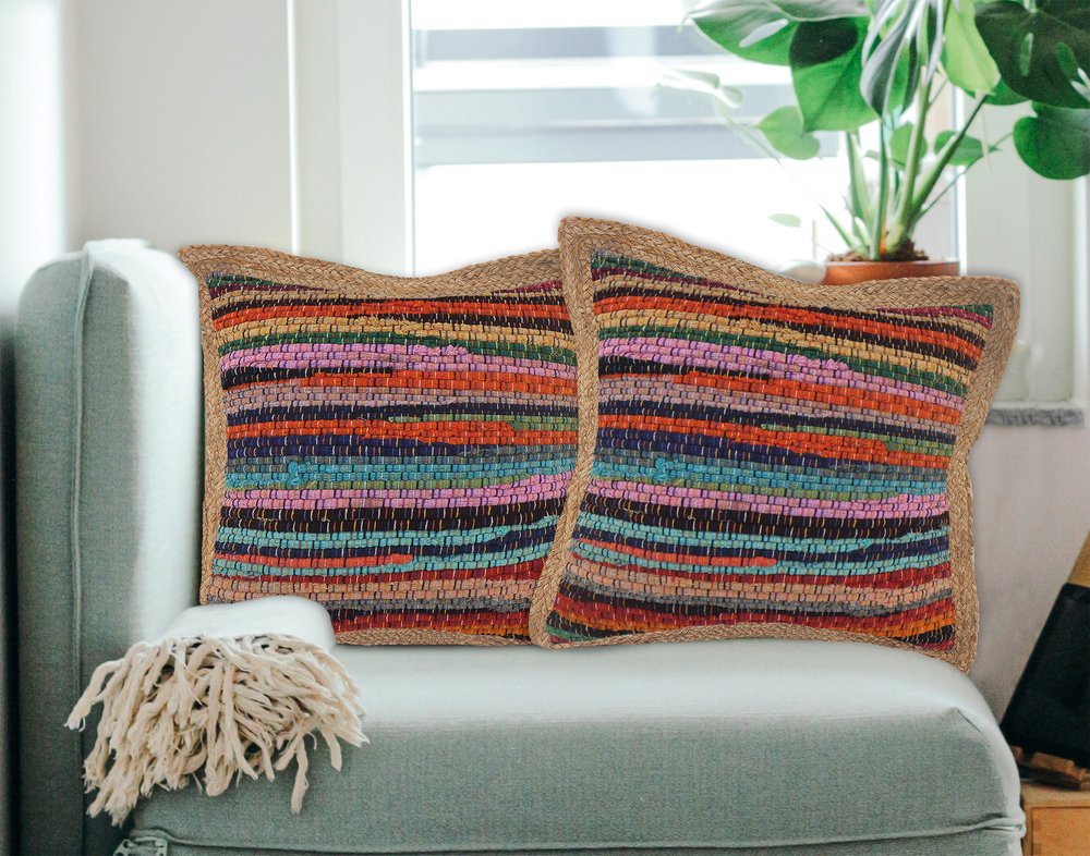 Set of Two 20" Blue Red And Natural Striped Cotton And Jute Throw Pillows