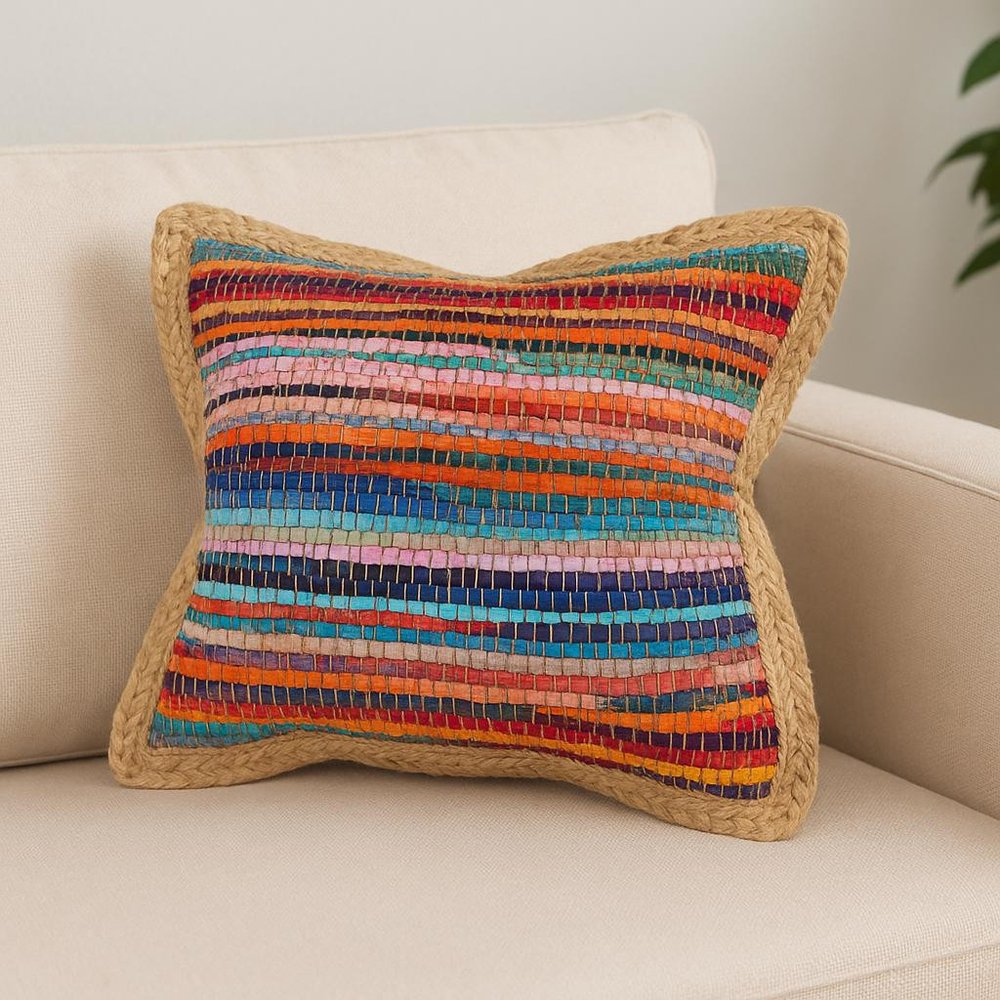 Set of Two 20" Blue Red And Natural Striped Cotton And Jute Throw Pillows