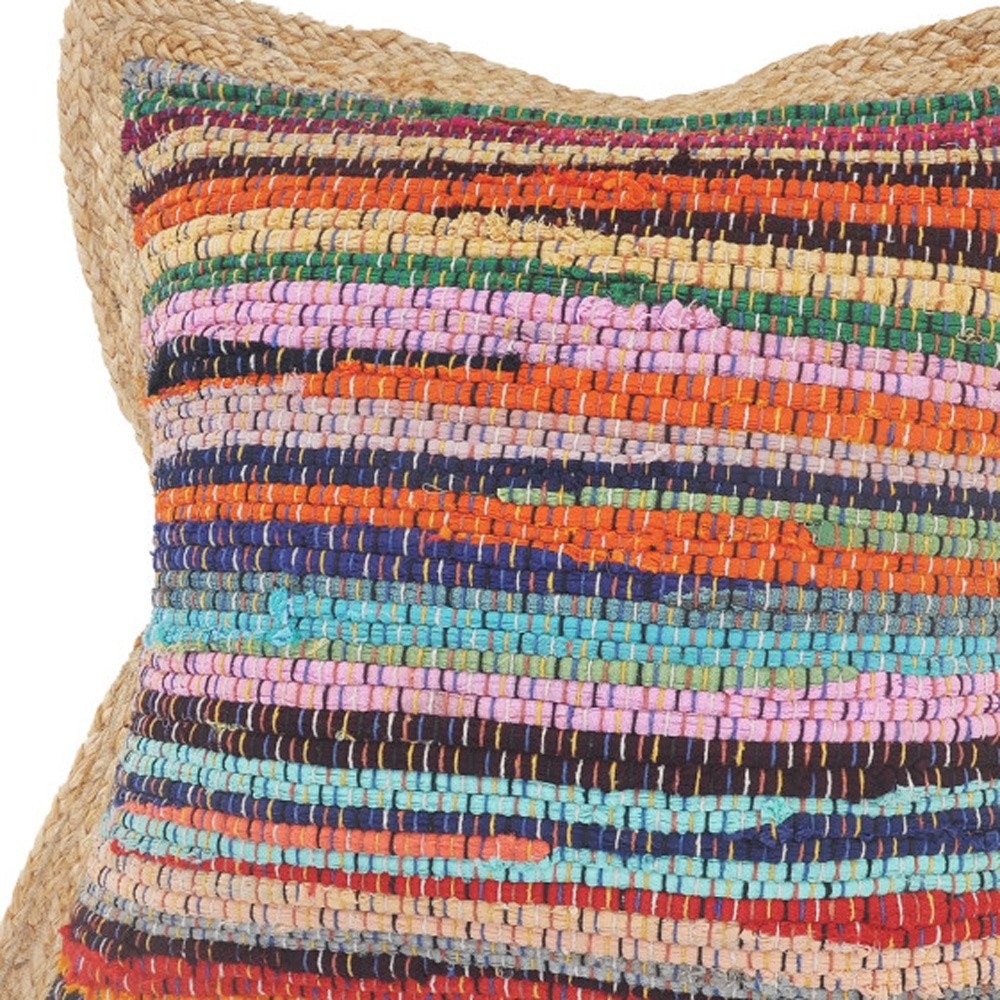 Set of Two 20" Blue Red And Natural Striped Cotton And Jute Throw Pillows