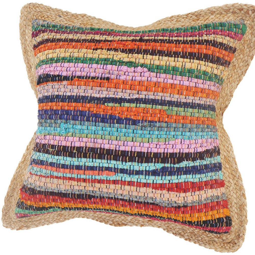 Set of Two 20" Blue Red And Natural Striped Cotton And Jute Throw Pillows