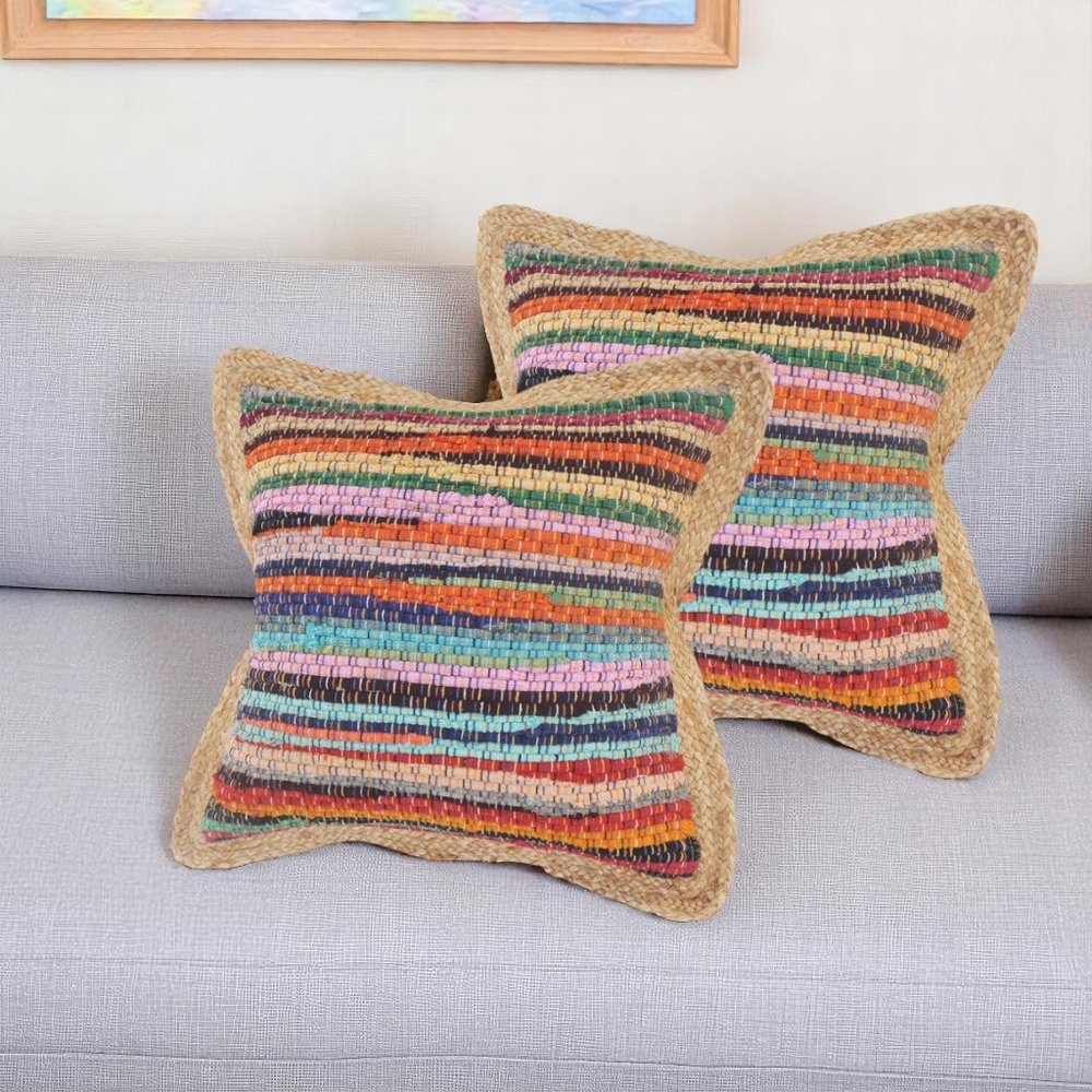 Set of Two 20" Blue Red And Natural Striped Cotton And Jute Throw Pillows