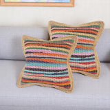Set of Two 20" Blue Red And Natural Striped Cotton And Jute Throw Pillows