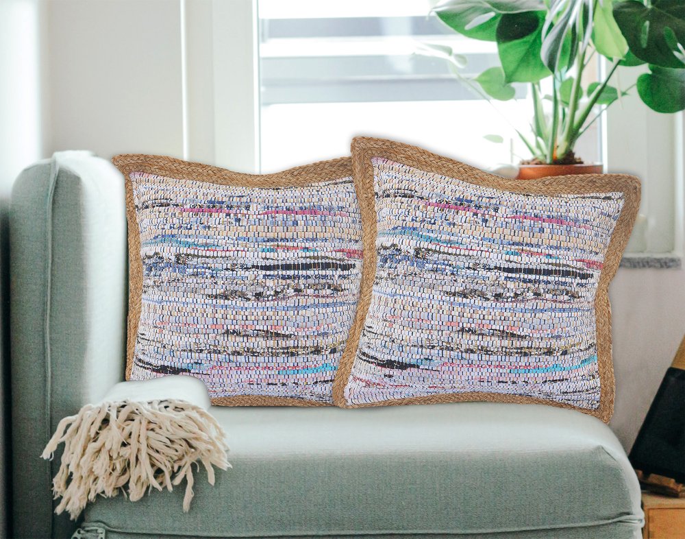 Set of Two 20" Aqua Ivory And Natural Striped Cotton And Jute Throw Pillows with Texture