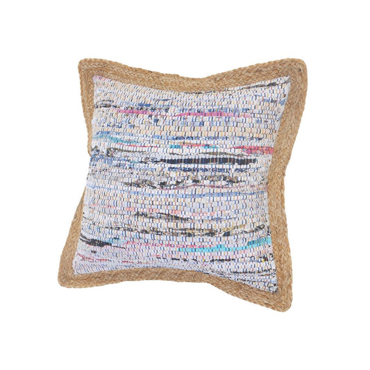 Set of Two 20" Aqua Ivory And Natural Striped Cotton And Jute Throw Pillows with Texture