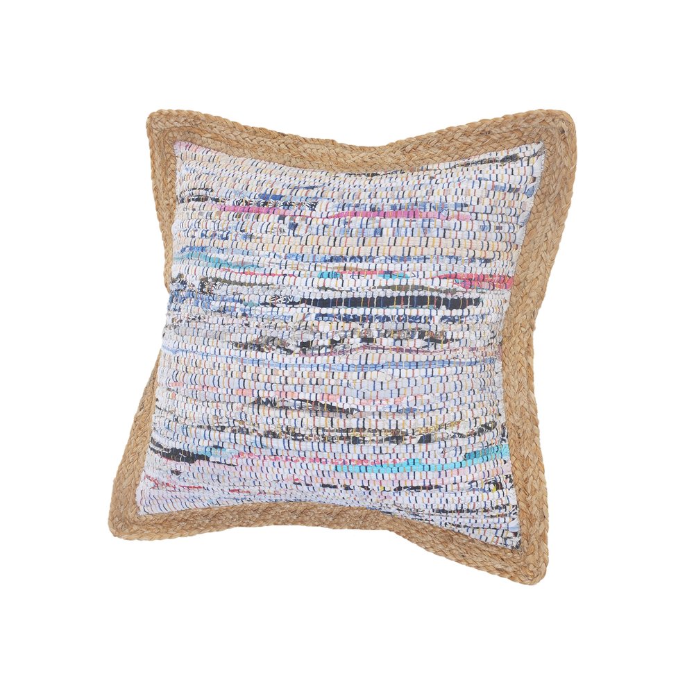 Set of Two 20" Aqua Ivory And Natural Striped Cotton And Jute Throw Pillows with Texture