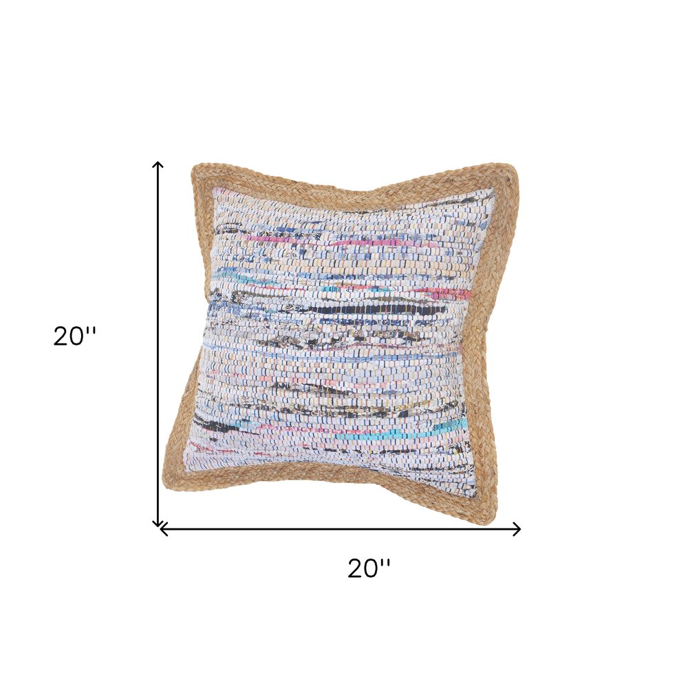 Set of Two 20" Aqua Ivory And Natural Striped Cotton And Jute Throw Pillows with Texture