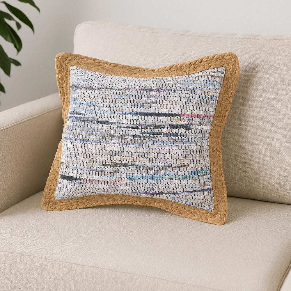 Set of Two 20" Aqua Ivory And Natural Striped Cotton And Jute Throw Pillows with Texture