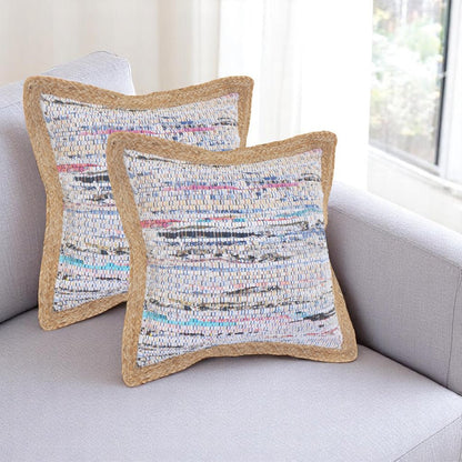 Set of Two 20" Aqua Ivory And Natural Striped Cotton And Jute Throw Pillows with Texture