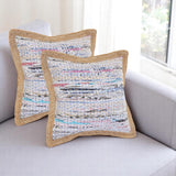Set of Two 20" Aqua Ivory And Natural Striped Cotton And Jute Throw Pillows with Texture