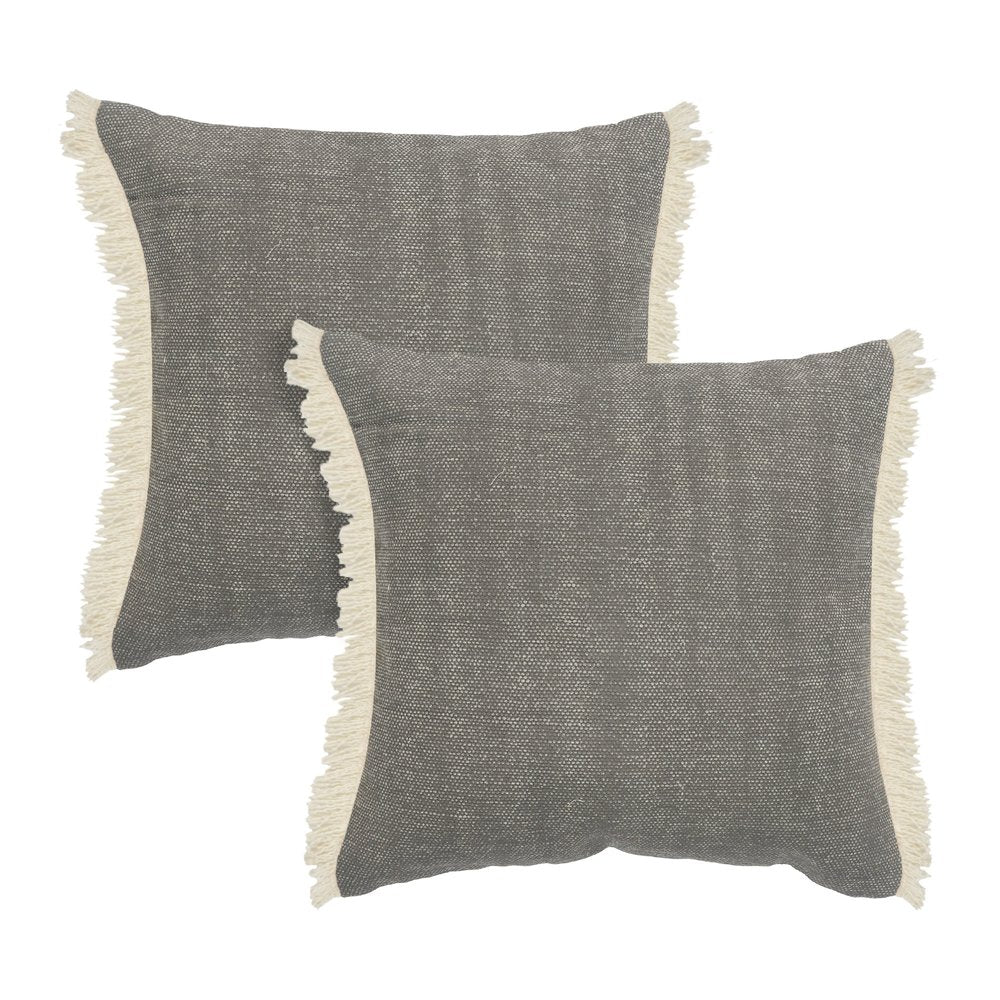 Set of Two 20" Gray And Off White Cotton Throw Pillows with Fringe