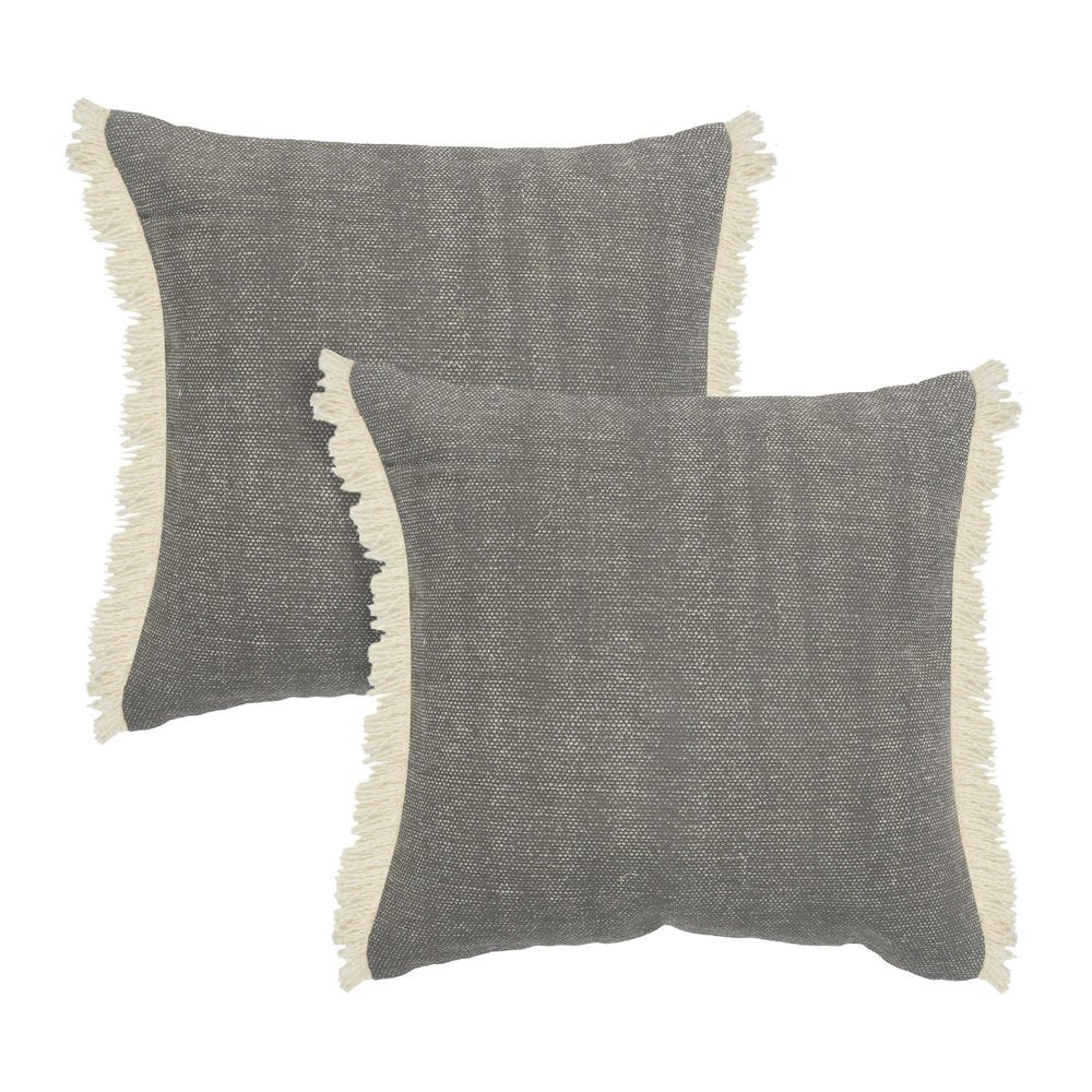Set of Two 20" Gray And Off White Cotton Throw Pillows with Fringe