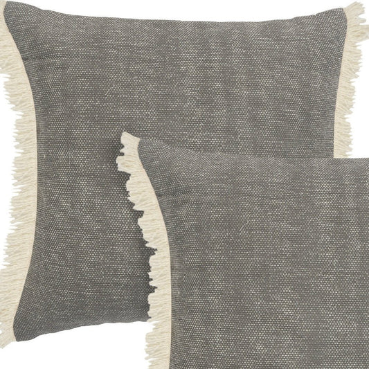 Set of Two 20" Gray And Off White Cotton Throw Pillows with Fringe