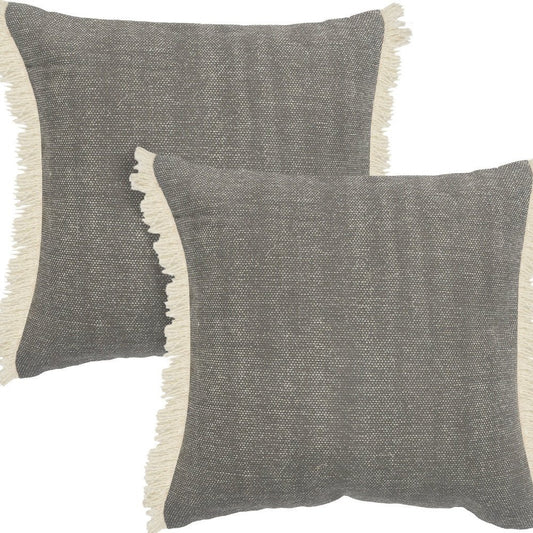 Set of Two 20" Gray And Off White Cotton Throw Pillows with Fringe